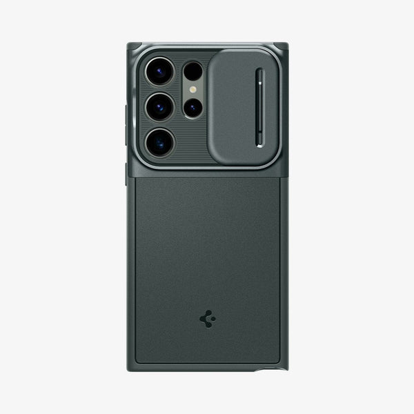 ACS05639 - Galaxy S23 Ultra Case Optik Armor in black showing the back with lens protector slot open